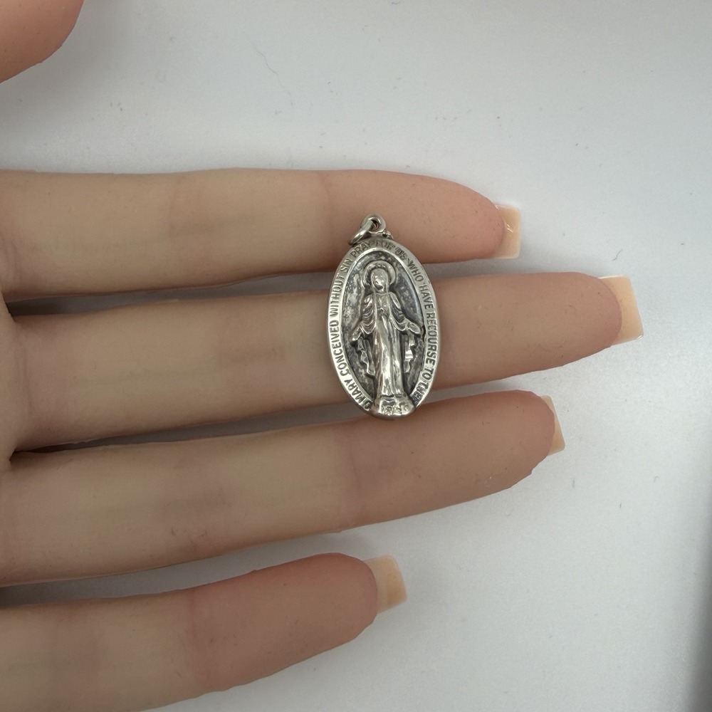 Vintage Sterling SIlver 925 Miraculous Mary Sacred Heart Oval Medal Pendant 1" - Picture 2 of 8